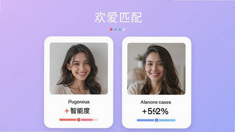 ͼƬ���ɣ�����APPƥ����棬��Ļ��չʾ��λ�û�ͷ��Ƭ����Ƭ�·���ʾƥ��Ȱٷֱȣ�����Ϊ����ɫ���䣬���������죬ͻ��������ƥ�䡱���ܣ������������޶���Ԫ��