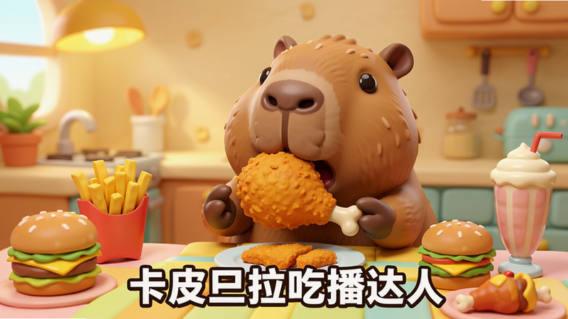 一张充满食欲的桌面近景,一只圆润的卡皮巴拉(水豚)正坐在彩色卡通餐桌前,双手捧着一只金黄酥脆的炸鸡腿,嘴巴张得圆圆的准备咬下,桌面摆满汉堡、薯条、奶昔等诱人美食,背景是温馨的厨房,暖黄色灯光,画面干净整洁,卡通渲染风格,高分辨率,细节丰富,无多余元素,图片中文字标注“卡皮巴拉吃播达人”