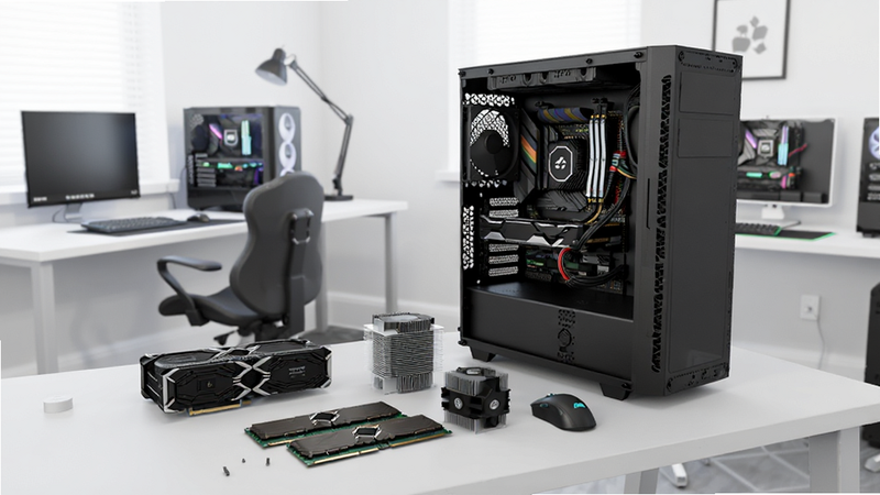 PC Creator 2游戏主界面预览图,主体为一张整洁的电脑工作台,上面摆放着打开的主机箱、各种硬件零件如显卡、内存条、散热器,背景是明亮的电脑房,布局清晰,排版干净,风格写实,细节丰富,画质高清,干净无多余元素