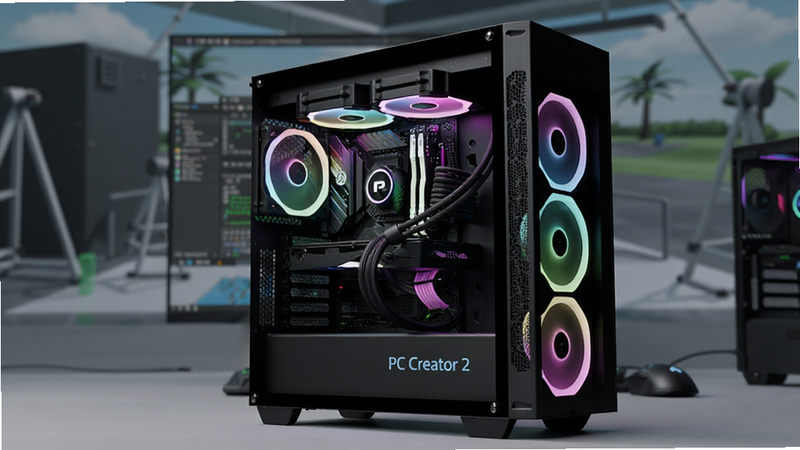 PC Creator 2游戏运行画面,主体为一台组装完成的电脑主机,侧板打开,内部RGB灯效闪烁,背景为虚拟测试场景,布局居中,排版简洁,风格写实,细节丰富,画质高清,干净无多余元素