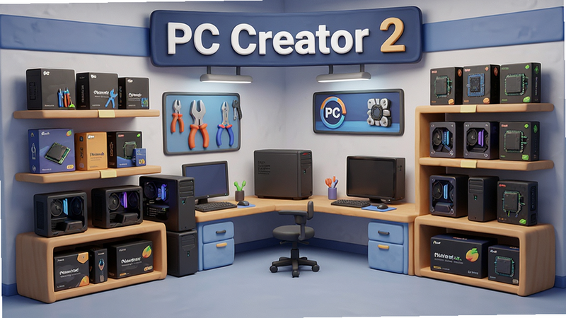 PC Creator 2商业模式界面,主体为一家虚拟电脑维修店,店内摆放着多台待维修的主机,货架上陈列着各种硬件盒,布局清晰,排版规整,风格卡通写实,细节丰富,画质干净,无多余元素