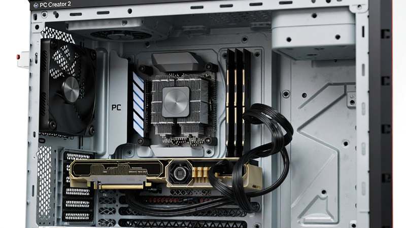 PC Creator 2硬件组装界面,主体为机箱内部结构,显卡、CPU散热器、内存条等部件清晰可见,布局规整,排版精细,风格写实,细节丰富,画质高清,干净无多余元素