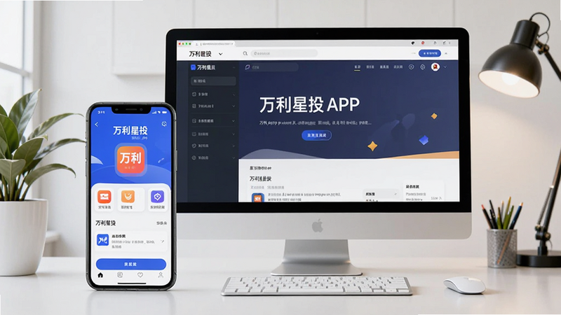 画面主体为一部手机和一台电脑并排摆放在桌面,手机屏幕上显示万利星投APP主界面,电脑屏幕显示同一软件的网页版,背景为简约办公室,有绿植和台灯,风格干净明亮,画质高清