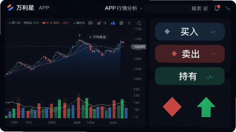 画面主体为深色背景上的万利星投APP行情分析页面,左侧是折线图与柱状图,右侧是文字标签“买入”“卖出”“持有”,下方有红色和绿色的涨跌箭头,布局左右均衡,科技感UI设计,细节丰富,画质清晰干净