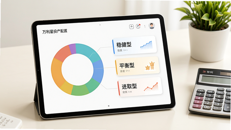 画面主体为平板电脑上显示万利星投资产配置界面,屏幕中有一个彩色环形图,旁边有“稳健型”“平衡型”“进取型”三个卡片,背景为米白色,平板旁边放着计算器和绿植,整体为商务办公风格,明亮通透,画质高清干净