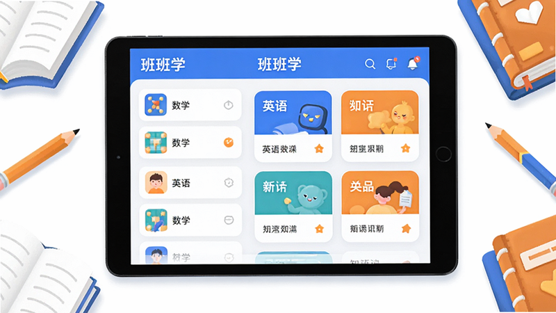 主体:班班学App的界面展示,中央是一块平板电脑,屏幕上显示课程列表和知识点卡片,周围有书本、铅笔等学习元素;布局:平板居中,四周留白,元素环绕;排版:清晰分层,主次分明;风格:扁平化插画风格,色彩明亮,以蓝色和橙色为主;细节:屏幕上有“班班学”字样,课程卡片标注“数学”“英语”等科目;画质:高清渲染,干净,无多余元素。