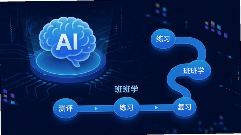 主体:AI大脑图标与学习路径图,背景是数据流动的科技感界面;布局:左脑右路径,对称构图;排版:图标在上,路径图在下;风格:科技感插画,蓝色渐变;细节:路径图上有“班班学”字样,节点标注“测评”“练习”“复习”;画质:高清,干净,无多余元素。