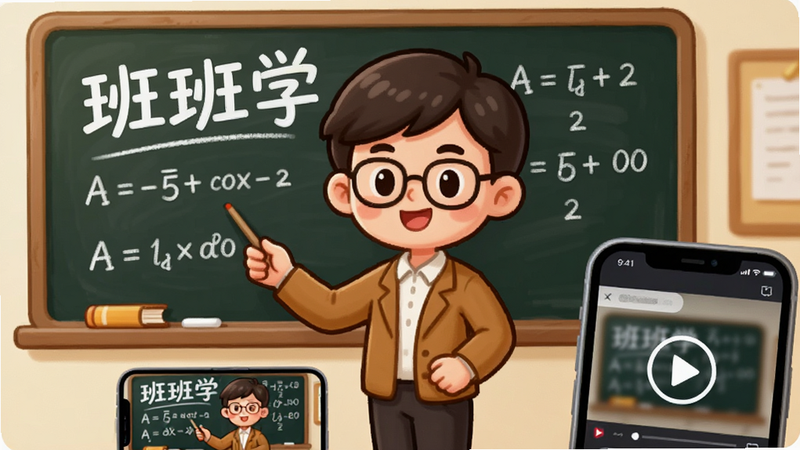 主体:一位卡通老师在黑板前讲课,黑板上写着“班班学”和数学公式,下方有手机屏幕显示课程视频;布局:老师居中,手机在右下角;排版:画面均衡;风格:卡通漫画风格,暖色调;细节:黑板上的文字清晰,手机屏幕有播放按钮;画质:高清,干净,无多余元素。