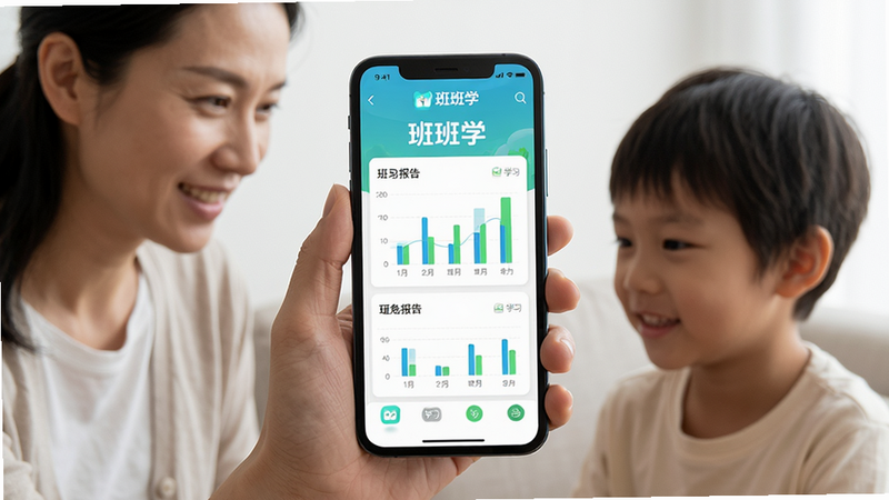 主体:手机屏幕显示班班学App的学习报告页面,周围有家长和孩子一起观看;布局:手机居中,人物在两侧;排版:对称;风格:写实摄影风格,自然光;细节:屏幕上有柱状图和“班班学”字样;画质:高清,干净,无多余元素。
