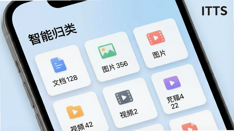 主体:手机屏幕展示ITTS的文件归类界面,顶部有“智能归类”标题,下方是多个分类卡片。布局:卡片以网格形式排列,每张卡片显示类型图标和文件数量。排版:图标与文字对齐,卡片间距均匀,背景为淡蓝色渐变。风格:清新简洁,带有轻微阴影效果。细节:卡片上分别标注“文档 128”、“图片 356”、“视频 42”等,屏幕右上角有“ITTS”水印。画质:高清,色彩柔和,干净整洁。