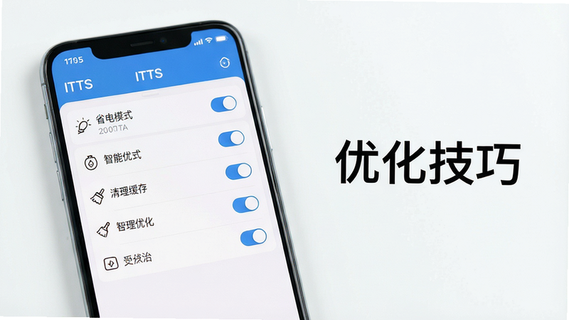 主体:一部手机展示ITTS的设置界面,屏幕上有“省电模式”、“清理缓存”等选项。布局:手机位于画面左侧,右侧有文字标注“优化技巧”。排版:界面列表清晰,开关样式现代。风格:简洁的浅色背景,图标线条风格。细节:屏幕中显示“ITTS”字样,并勾选“智能优化”选项,整体干净明亮。画质:高清,无多余元素。
