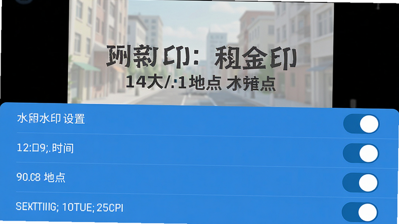 ���壺����ˮӡ������Ӧ�õ�ˮӡ���ý��棬չʾʱ�䡢�ص㡢��γ�ȵȿ���ѡ����֣��������λ����Ļ�·��������б��������У��Ϸ�ΪԤ��ͼ���Ű棺�б�ʽ���֣�ÿ��ѡ����Ҳ࿪�ذ�ť����񣺱�ƽ��UI��ƣ���ɫ����ɫ����ϸ�ڣ�Ԥ��ͼ��ˮӡ��������������״̬���ԣ��������ࣻ���ʣ����壬�ɾ��޶���Ԫ�ء�