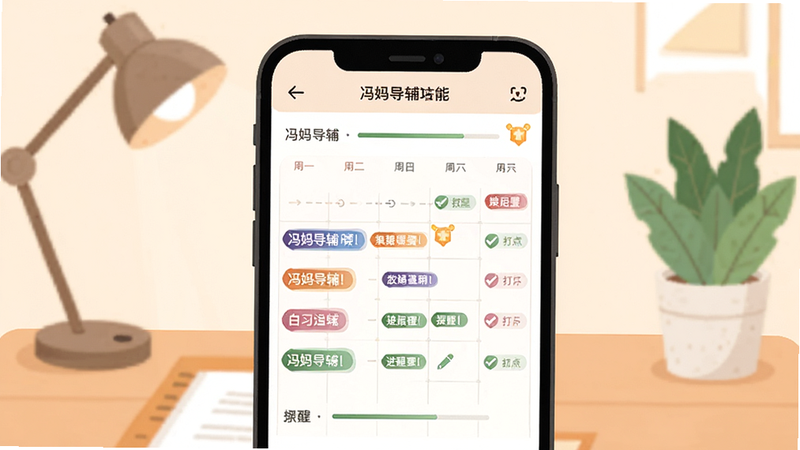 ��������Ϊ���赼�����ܹ滮���ܽ��棬�ֻ���Ļչʾ����ʽѧϰ�ƻ�������ͬ��Ŀ�ò�ɫ��ǩ���֣������н�����������ͼ�꣬����Ϊ����һ�ǣ��ڷ���̨�ƺ���ֲ�����ּ�࣬���ñ�ƽ���廭���ɫ�������ů��ϸ�ڰ���ʱ����ʹ򿨱�ǣ������������ɾ��޶���Ԫ�أ����ֱ�ע�����赼����