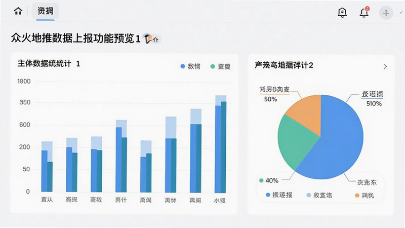 众火地推数据上报功能预览,主体为数据统计图表页面,布局为仪表盘样式,风格商务简洁,细节包含柱状图与饼图,画质清晰,干净无多余元素