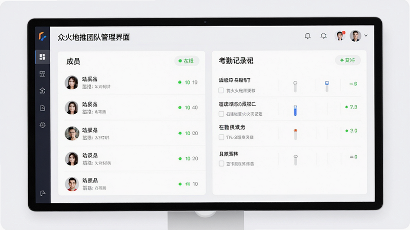 众火地推团队管理界面展示,主体为成员列表与考勤记录,布局为卡片式排列,风格现代,细节包括在线状态标识,画质高清,干净无多余元素