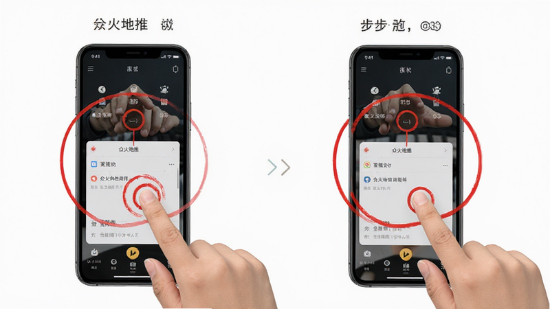 众火地推使用教程配图,主体为手机操作演示,展示手指点击屏幕的步骤,布局为分步示意图,风格简洁明了,细节包含红色圈注,画质高清,干净无多余元素