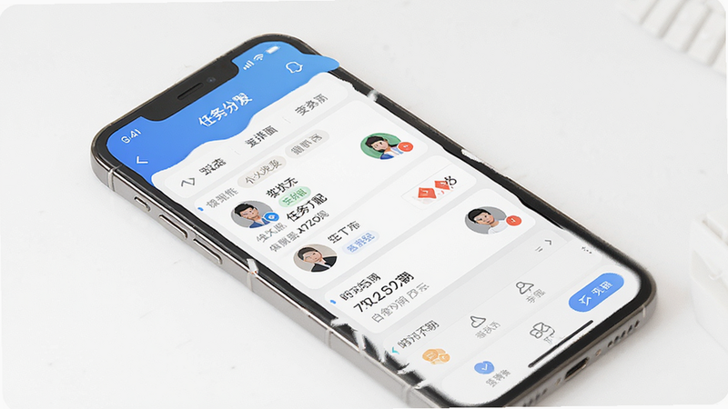 众火地推任务派发界面示意图,主体为手机操作页面,展示任务分配列表与人员头像,布局整齐,风格清爽,细节包括状态标签与时间节点,画质高清,干净无多余元素