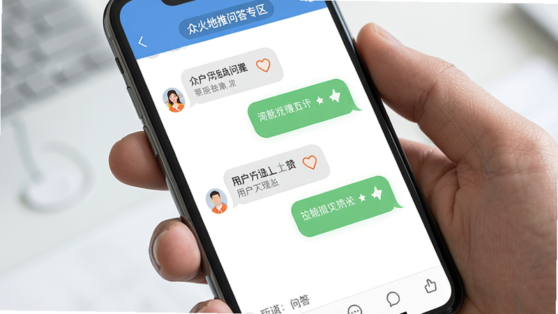 众火地推问答专区配图,主体为手机屏幕显示用户问答界面,布局为对话框样式,风格清新,细节包含点赞图标,画质高清,干净无多余元素