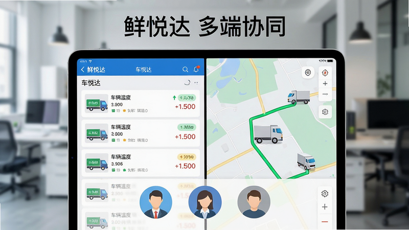 ���壺һ��������ʾ��ƽ����Ի��棬��벿����ʾ���ô�APP�ĳ����б����Ұ벿����ʾ��ͼ·�߹滮�����֣�ƽ����Ծ��У�����Ϊ�黯�İ칫�һ������Ű棺��Ļ�Ϸ��С����ô� ���Эͬ�����⣬�·�չʾ������ɫͷ��ͼ�ꡣ�������칫��񣬽��������ˡ�ϸ�ڣ���ͼ����ʾ����ͼ������ɫ��ʻ�켣���б����г����¶�״̬��ǩ�����ʣ������������ɾ����޶���Ԫ�ء�