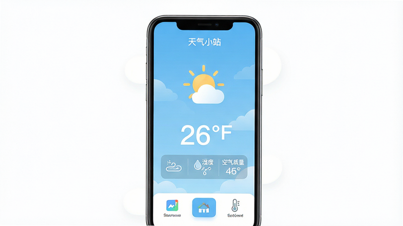 ���壺����СվApp����չʾ���ֻ���Ļ��ʾ���������������¶�26�ȣ�ͼ���ࡣ���֣��ֻ����У���Ļ���������ɼ�����Χ���ס��Ű棺������Ϣ�㼶�������¶ȴ�����ʾ���·�����չʾ������ʪ�ȡ�������������񣺱�ƽ����ƣ�ɫ��������������ɫ��Ϊǳ�����ɫ��ϸ�ڣ���Ļ�����С�����Сվ���������ײ��й��ܰ�ťͼ�꣬����ɾ����ࡣ���ʣ�������Ⱦ���ɾ��޶���Ԫ�ء�
