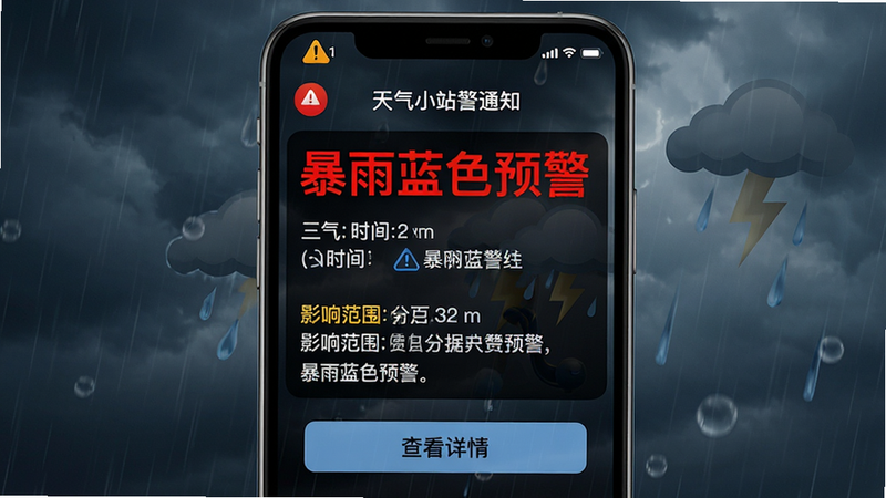 ���壺����СվԤ��֪ͨ���棬�ֻ�״̬����ʾԤ��ͼ�ꡣ���֣��ֻ���Ļ������ʾԤ�����飬����Ϊ�����������Ű棺Ԥ����Ϣ����Ŀ��ɫ��ע����ɫ���⡰������ɫԤ��������񣺾�ʾ����Ӿ������ǿ��ϸ�ڣ�Ԥ�����ݰ���ʱ�䡢Ӱ�췶Χ���ײ��С��鿴���顱��ť�����ʣ��߶Աȶȣ��ɾ��޶���Ԫ�ء�