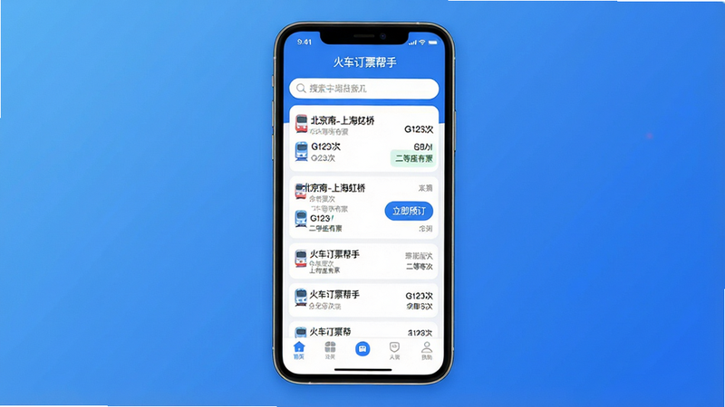���壺�ֻ���Ļչʾ�𳵶�Ʊ����APP�����棬������ʾ�����б�����Ʊ��Ϣ�͡�����Ԥ������ť�����֣��ֻ����У���Ļ���������ɱ棬��Χ�м�����ɫ���䱳�����Ű棺APP��������б�ʽ���֣����������������ײ��е�����������ִ���ƽ����ƣ�ɫ��������Ϊ����ͼ��Բ��ϸ�ڣ���Ļ�ϵ����ֱ�ǩ������ע���𳵶�Ʊ���֡�����������-�Ϻ����š�����G123�Ρ�������������Ʊ�������������ʣ�������Ⱦ������ɾ����޶���Ԫ�ء�