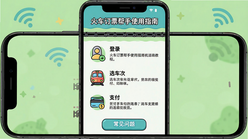 ���壺һ����׿�ֻ�����չʾ�𳵶�Ʊ����APP�ġ�ʹ��ָ�ϡ�ҳ�棬ҳ��������ֽ̳̺�ͼ�ꡣ���֣��ֻ��������У�����Ϊǳ��ɫ�����ֻ���WiFiͼ��Ԫ�ء��Ű棺�̷ֲ̳���չʾ��ÿ������ͼ�꣬�ײ��С��������⡱��ť����񣺿�ͨ��ѧ���ɫ�����졣ϸ�ڣ���Ļ������ʾ���𳵶�Ʊ����ʹ��ָ�ϡ��������б���������¼������ѡ���Ρ�����֧���������ʣ����壬�ɾ����޶���Ԫ�ء�
