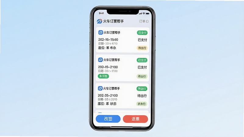 ���壺�ֻ���Ļչʾ�𳵶�Ʊ����APP�Ķ����������棬�б���ʾ��ʶ���״̬������һ�ʶ�����ע����֧��������һ�ʱ�ע�������С������֣��ֻ����У�����Ϊ����ɫ���䣬��Ļ�·��С���ǩ��������Ʊ����ť���Ű棺������Ƭ�������У�ÿ�ſ�Ƭ�������Ρ����ڡ���λ��״̬��ǩ����񣺼������磬��Ϣ�㼶������ϸ�ڣ���Ƭ����ʾ���𳵶�Ʊ���֡�Logo�Ͷ����š����ʣ����壬�ɾ����޶���Ԫ�ء�