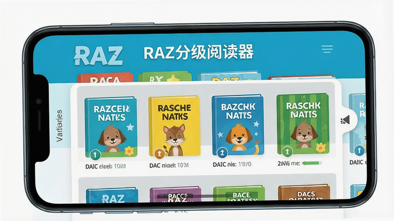 一张展示RAZ分级阅读器App主界面的高清截图,主体为手机屏幕内呈现分级阅读书架,书籍按难度排列,界面色彩明快,布局清晰,包含“RAZ分级阅读器”文字标题,风格为现代扁平化UI设计,细节丰富展示阅读进度与等级标识,画质干净无多余元素