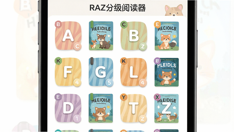 展示RAZ分级阅读器分级列表界面,主体为手机屏幕内呈现A到Z字母等级图标,每个等级旁有对应书籍封面缩略图,布局为网格状,风格简洁明快,包含“RAZ分级阅读器”字样,色彩柔和,细节展示等级标记与推荐书目,画质干净无多余元素