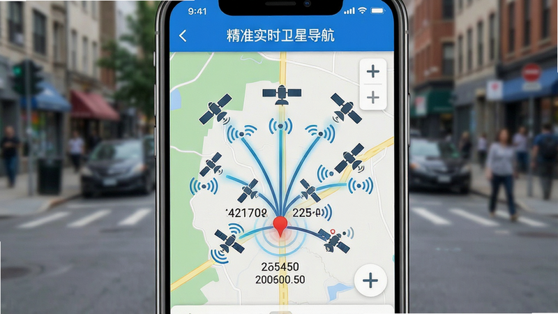 一张手机截图特写,屏幕显示“精准实时卫星导航”的定位页面。地图上众多卫星信号图标汇聚到手机位置,周围有精确的坐标数字显示。背景为模糊的街道实景。构图中心对称,强调卫星连接与定位准确性。风格为科技感UI设计展示,色彩鲜明,画质干净,无多余元素