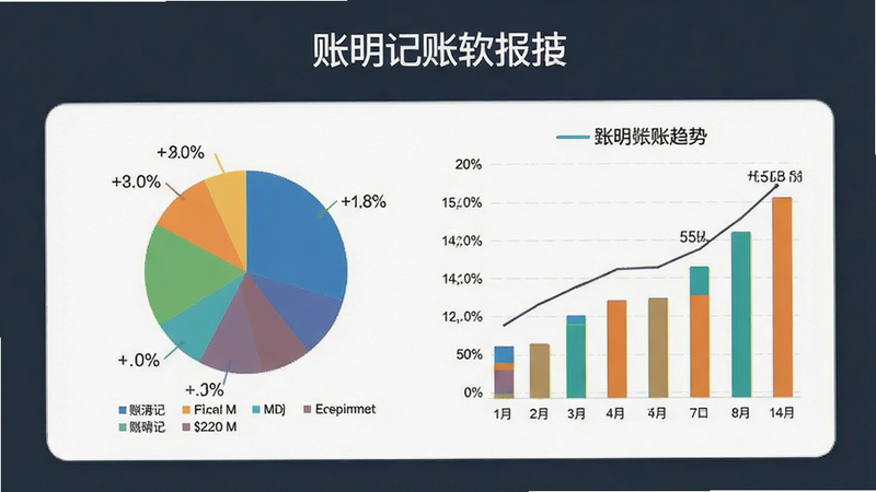 一张展示账明记账软件统计报表功能的图片,主体是手机屏幕上显示的彩色饼状图与趋势柱状图,布局在屏幕中央,排版专业,风格现代商务,细节包含图例与百分比标注,画质清晰锐利,无多余元素,色彩搭配和谐美观