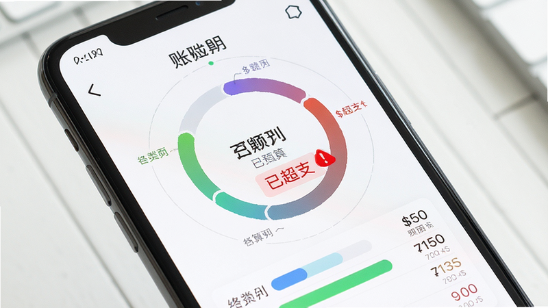 一张展示账明应用预算进度条的图片,主体是手机屏幕上显示的环形进度图与各类别预算条,布局清晰,排版直观,风格简约,细节展示某类别已超支的红色警示状态,画质干净明亮,无多余元素,突出理性消费的视觉感受