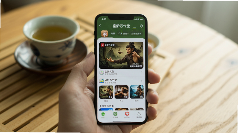 一张展示盗龄万堂在手机上运行的实拍照片,手机屏幕清晰显示应用首页,背景为木桌和茶杯,画面明亮,构图居中,风格自然,画质干净。