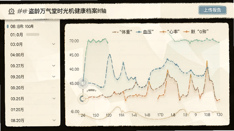 展示盗龄万堂时光机健康档案的时间轴界面,左侧为日期列表,右侧为对应的折线图,标有'体重''血压''心率'等图例,上方有'上传报告'按钮,整体色调为米白色,风格简洁明了,画质干净。