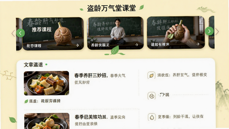 展示盗龄万堂课堂板块的界面设计,顶部为轮播图推荐课程,下方为文章列表,每篇文章配有缩略图和标题如'春季养肝三妙招',整体风格为浅黄色背景搭配绿色点缀,排版整齐,画质干净。