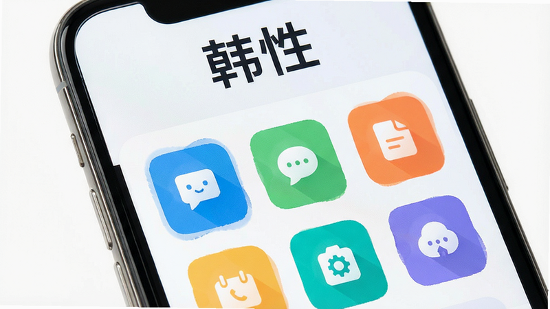 韩性软件主界面预览图,主体为智能手机屏幕展示,布局简洁,上方显示“韩性”字样,中间为功能图标网格排列,整体风格现代清爽,色彩明快,细节丰富,画质高清,干净无多余元素