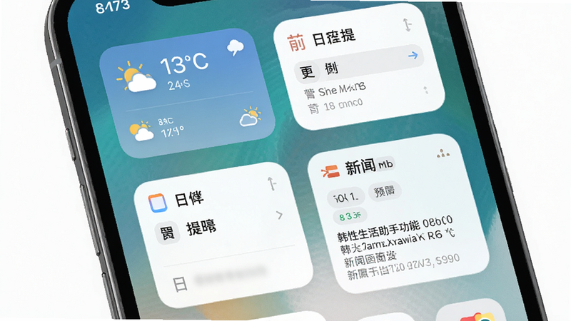 韩性生活助手功能预览图,主体为手机主屏幕,展示天气卡片、日程提醒、新闻摘要等小部件,布局整齐,风格简约,信息清晰,色调淡雅,画质高清,干净无多余元素