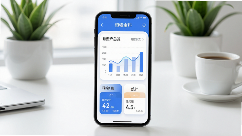 画面主体为智能手机屏幕展示恒锐金科应用主界面,界面清晰显示资产总览、月度收支图表和分类统计卡片,手机置于简洁办公桌面上,背景有绿植和咖啡杯,整体布局干净明亮,风格现代扁平化,细节包括圆角卡片、柔和阴影和蓝色主色调,画质高清纯净,无多余元素,屏幕内文字标注