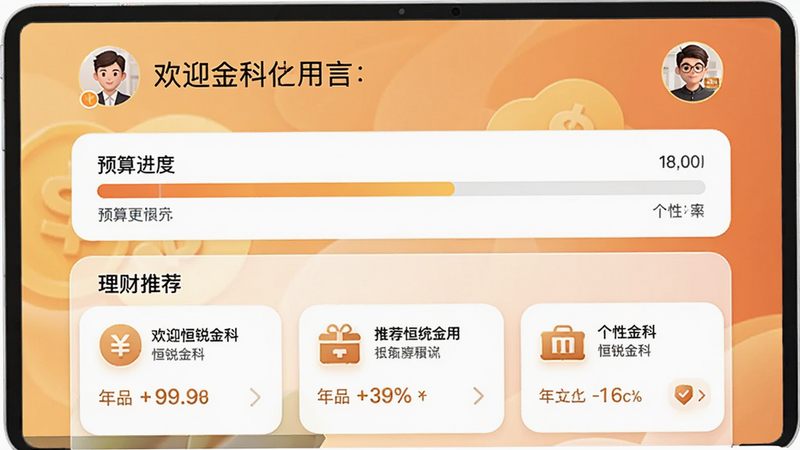 画面主体为恒锐金科个性化建议页面,顶部为欢迎语和用户头像,下方为预算进度条和理财推荐卡片,背景为暖色渐变,布局卡片式排列,风格温馨友好,细节包括推荐产品图标和年化收益率,画质清晰干净,屏幕内文字标注