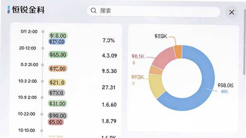 画面主体为恒锐金科账单分类界面截图,左侧显示交易时间轴,右侧为分类圆环图,顶部有搜索栏,背景为浅灰色渐变,布局左右对称,风格简洁商务,细节包括彩色分类标签和金额数字,画质清晰干净,屏幕内文字标注