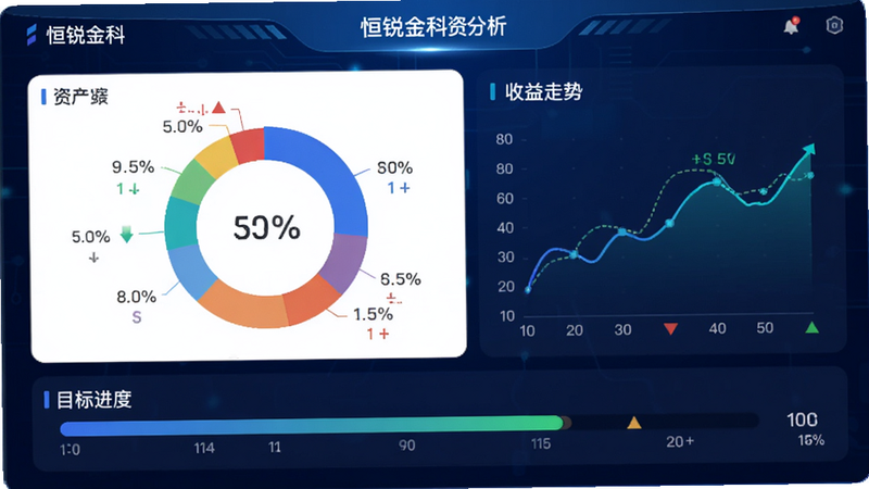 画面主体为恒锐金科资产分析仪表盘,中央为环形资产比例图,右侧为折线收益走势,下方有目标进度条,背景为深蓝科技感渐变,布局数据可视化风格,细节包括百分比标注和涨跌颜色,画质清晰干净,屏幕内文字标注