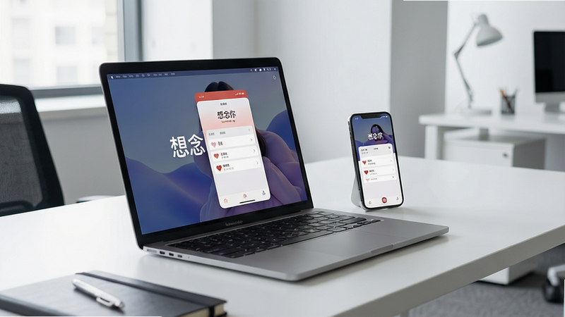 一张展示手机与电脑跨设备同步使用的场景图,主体是桌面上的笔记本电脑和旁边的智能手机,屏幕中均显示“想念你”应用的主界面,背景是简洁的现代办公室,布局为对角线构图,排版自然,风格写实,细节清晰,画质干净,无多余元素,图片文字必须为“想念你”。