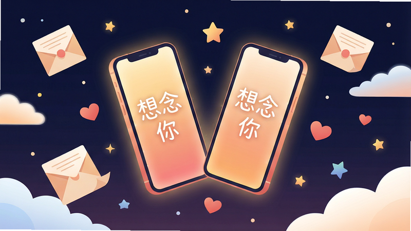 一幅温暖治愈风格的数字插画,主体是两部屏幕发着柔和光芒的智能手机悬浮在星空中,手机屏幕中显示着“想念你”三个字,周围环绕着飘散的星光和信纸、云朵、爱心等元素,布局疏密有致,排版居中,采用扁平化与渐变色彩结合的现代风格,细节丰富,画质高清干净,无多余元素,图片文字必须为“想念你”。