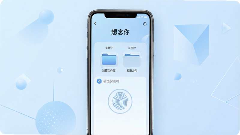 一张手机应用界面概念图,主体是打开状态的“想念你”应用私密保险箱界面,界面设计简洁,显示加密文件夹和指纹解锁图标,背景是淡蓝色渐变与几何图形,布局居中对称,排版清晰,采用写实与UI设计结合的现代风格,细节锐利,画质干净,无多余元素,图片文字必须为“想念你”。