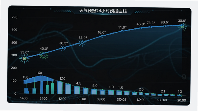 天气预报24小时预报曲线图,横轴为时间刻度,纵轴为温度值,蓝色曲线表示气温变化,下方有降雨概率柱状图,界面采用深色主题,数据标注清晰,风格科技感,画质干净,无多余元素