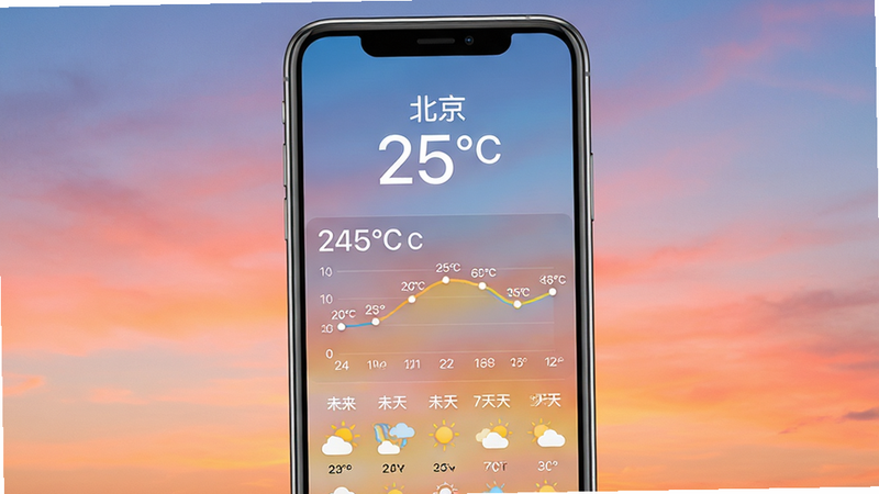 天气预报应用主界面展示,手机屏幕中央显示当前城市“北京”的实时温度25°C,下方依次排列24小时气温曲线图、未来7天天气图标列表,背景为渐变色天空,整体布局简洁清晰,风格现代扁平化,画质高清干净,无多余元素