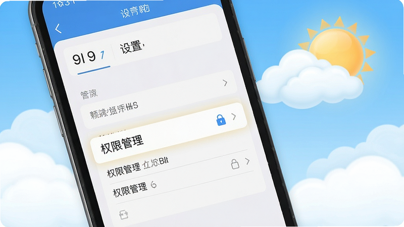 天气预报应用使用指南配图,手机屏幕显示设置界面,重点突出“权限管理”选项,背景有云朵和太阳,风格写实,布局清晰,画质干净,无多余元素