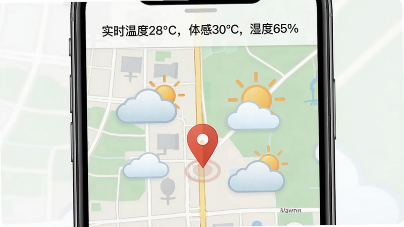 天气预报应用定位功能示意图,手机地图界面显示当前定位点,周围有云层和太阳图标,顶部显示“实时温度28°C,体感30°C,湿度65%”,风格写实,布局清晰,画质高清,无多余元素
