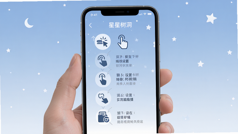 画面主体为手机屏幕显示星星树洞的使用教程界面,包含清晰的步骤指引图标,如点击、滑动、设置等,背景为淡蓝色星空,布局分步排列,风格简洁教学风,细节突出操作要点,画质高清,干净无多余元素